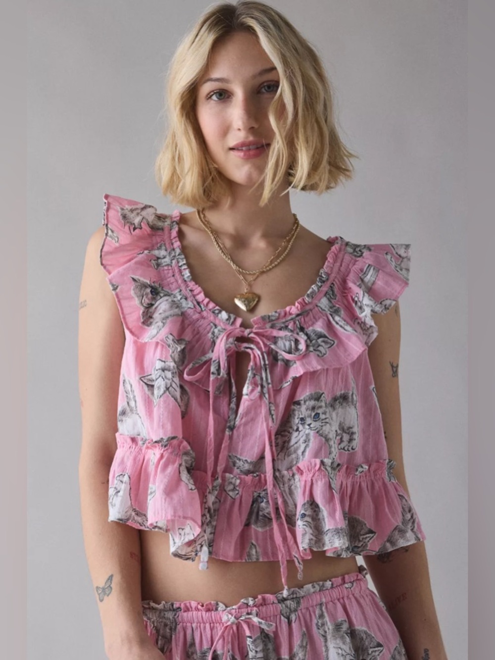 UO Out From Under Love Letters Ruffle Babydoll Top + Micro Shorts PJ Set